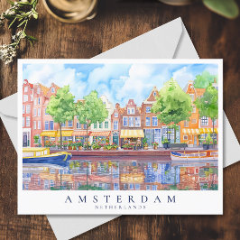 Cartão Postal Canal de Amsterdã e Viagem de Aquarela de Barcos