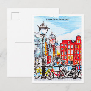 Cartão Postal Canal de Amsterdã Holanda Esboço