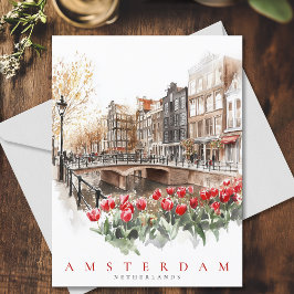 Cartão Postal Canal de Amsterdã Tulipas Aquarela Viagem