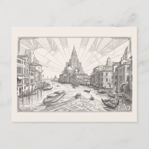 Cartão Postal Canal de Veneza Esboço a Lápis Art Déco Vintage