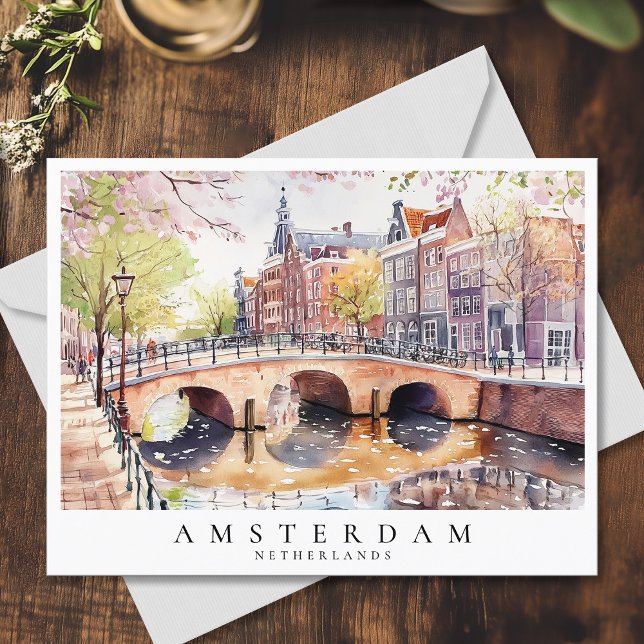 Cartão Postal Canal Watercolor - Países Baixos, Viagem (Amsterdam Canal Watercolor Netherlands Travel Postcard)