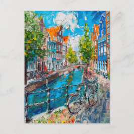 Cartão Postal Canal with Bicycles and Colorful Houses Painting