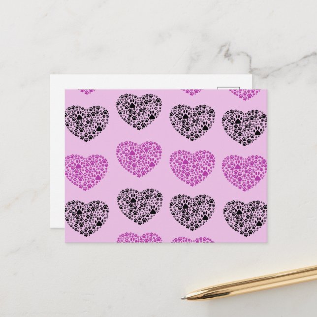 Cartão Postal Canas, Trilhos, impressões De Pata, Coração - Roxo (Frente/Verso In Situ)