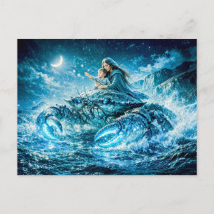 Cartão Postal Câncer Zodiac com Mãe e Filho se Estendendo para t