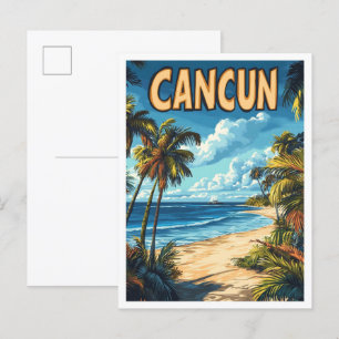 Cartão Postal Cancún Mexico Art Vintage Illustration Viagem