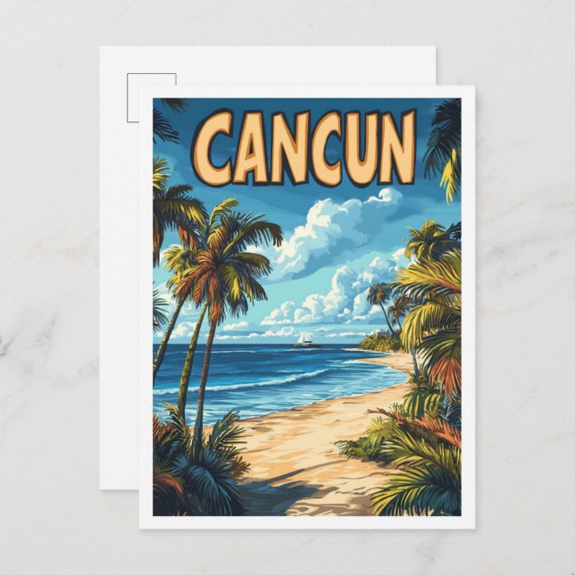 Cartão Postal Cancún Mexico Art Vintage Illustration Viagem (Frente/Verso)