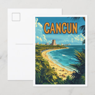 Cartão Postal Cancún Mexico Art Vintage Illustration Viagem