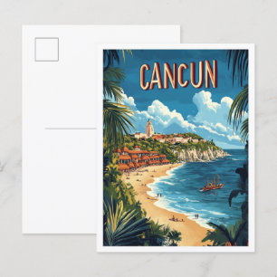 Cartão Postal Cancún Mexico Vintage Illustration Viagem