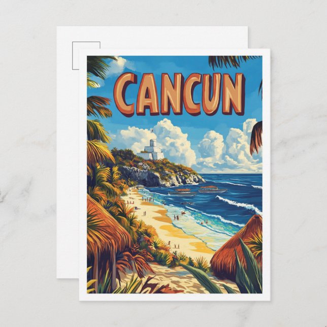 Cartão Postal Cancún Mexico Vintage Illustration Viagem (Frente/Verso)