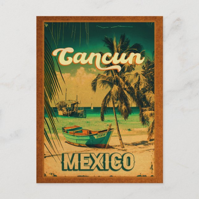 Cartão Postal Cancun Palm Tree Retro 80s Placa Mexicana (Frente)