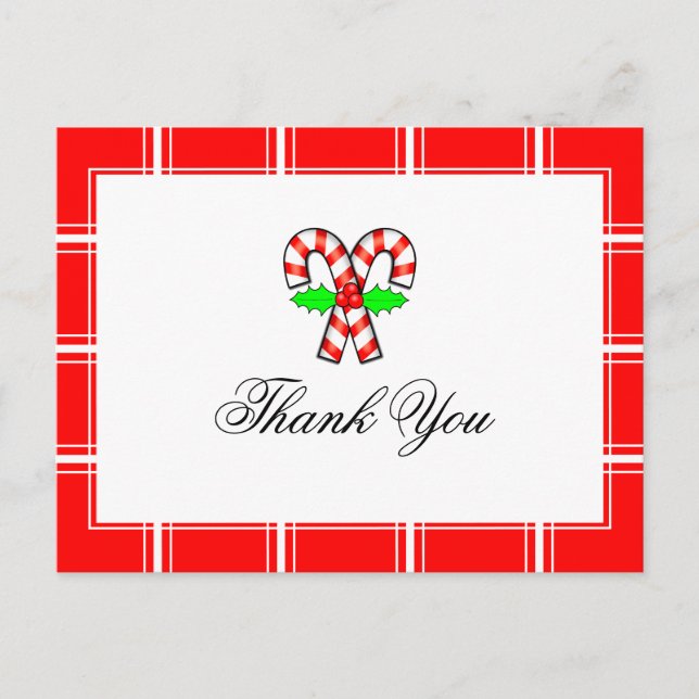 Cartão Postal Candy Cane Obrigado Natal Vermelho (Frente)