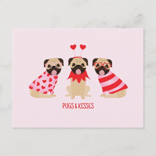 Cartão Postal Canecas E Beijos Cães Pug Cute (Frente)
