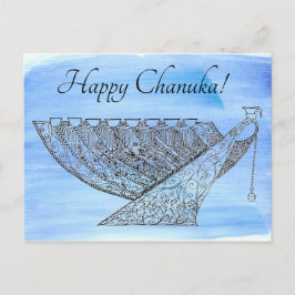 Cartão Postal Caneta ornamentado e tinta Chanukah Menorah azul