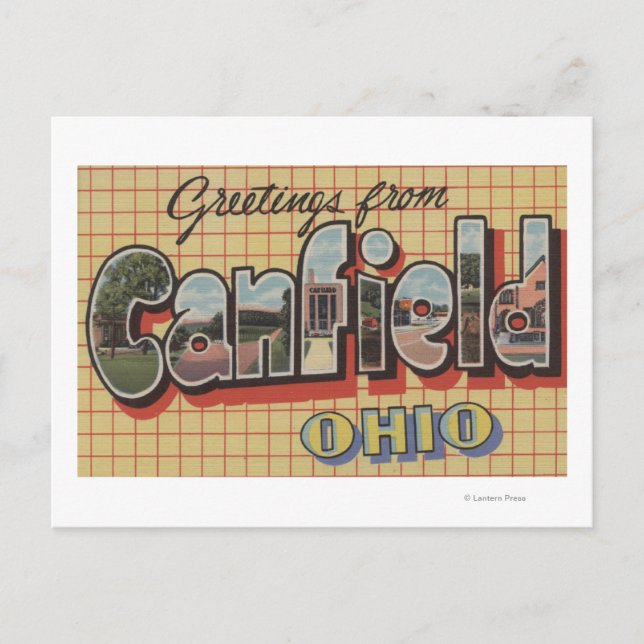 Cartão Postal Canfield, Ohio - Cenas com Letras Grandes (Frente)