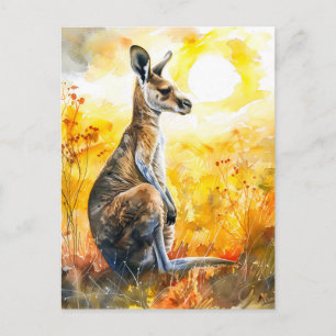 Cartão Postal Canguru em Aquarela ao Pôr do Sol