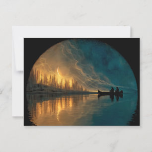 Cartão Postal Canoa e lua crescente num lago