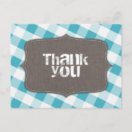 Cartão Postal Canvas Turquoise White Gingham Obrigado Cartões-po