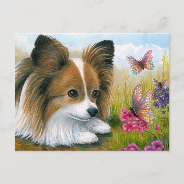 Cartão Postal Cão 123 Cão Papillon com Borboletas (Frente)