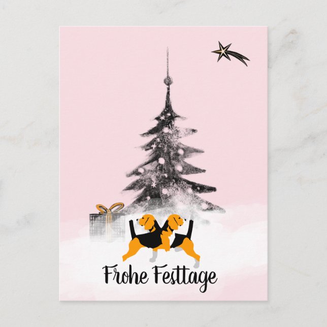 Cartão Postal Cão Beagle preto e branco Natal (Frente)