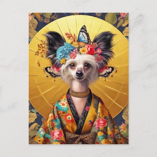 Cartão Postal - Cão Crestado Chinês em Kimono (Frente)