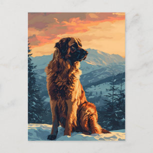 Cartão Postal Cão de Leonberger na floresta nevada durante o pôr