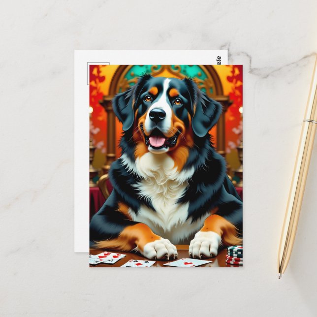 Cartão Postal Cão de Montanha Bernês jogando Poker (Frente/Verso In Situ)