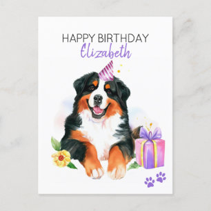 Cartão Postal Cão de Montanha Bernês Personalizado Feliz Anivers