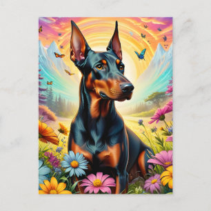 Cartão Postal Cão Doberman, Flores E Cena De Montanha