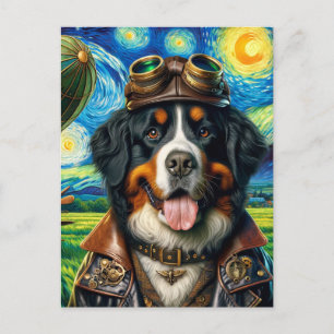 Cartão Postal Cão Montanhês Bernês Piloto Steampunk Van Gogh