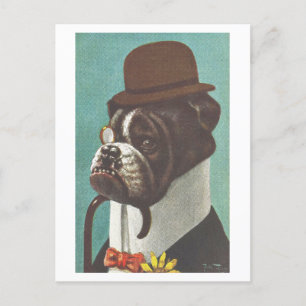 Cartão Postal Cão Vintage com Chapéu e Monocóculo