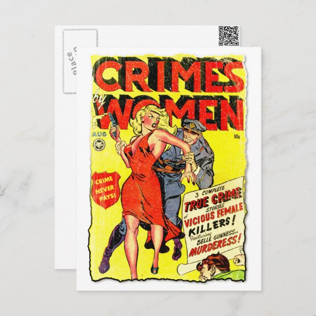 Cartão Postal Capa de Quadrinhos da Era de Ouro Crimes por Mulhe (Frente/Verso)