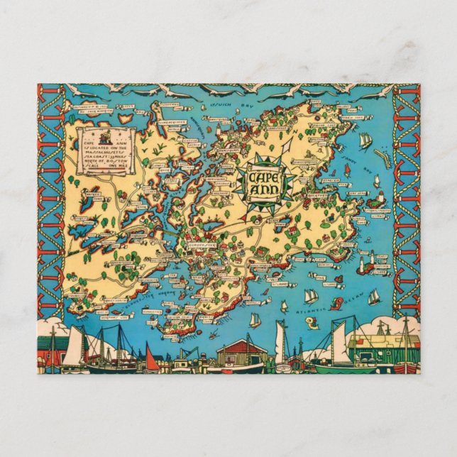 Cartão Postal Cape Ann Mapa Ilustrado Postal (Frente)