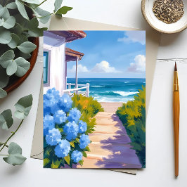 Cartão Postal Cape Cod Beach Path | Hydrangea Pintura Costeira