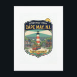 Cartão Postal Cape May NJ Greetings Retro Travel<br><div class="desc">Cape May NJ Greetings Retro Travel Postcard – Colorful 1950s Style Mid-Century Inspired Artistic Souvenir POD Description: Send a splash of vintage seaside charm with this stylish Cape May, New Jersey retro-inspired travel postcard! Designed with a bold 1950s mid-century aesthetic, this colorful artistic rendering captures the classic spirit of American...</div>