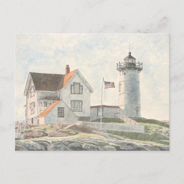 Cartão Postal Cape Neddick Lighthouse Watercolor (Frente)