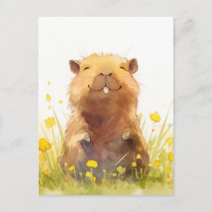 Cartão Postal Capivara Alegre em Prado de Flor Silvestre Amarela