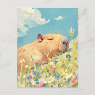 Cartão Postal Capivara cochilando em um colorido prado de flores