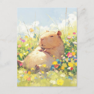 Cartão Postal Capivara cochilando em um prado de verão com flore
