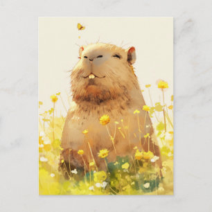Cartão Postal Capivara com Borboleta em Prado de Flores Silvestr