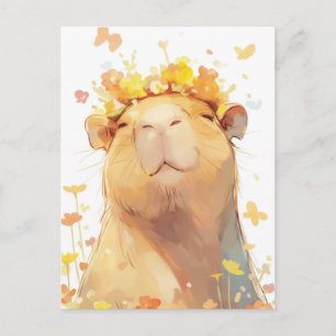 Cartão Postal Capivara com Coroa de Flor Amarela e Borboletas