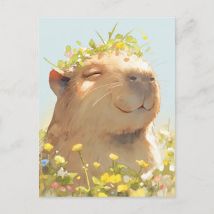 Cartão Postal Capivara com Coroa de Flor Silvestre Verde em Prad