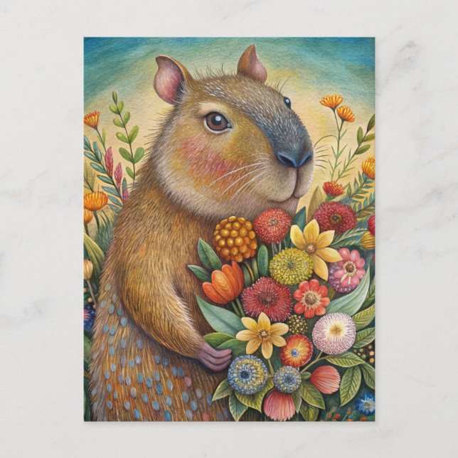 Cartão Postal Capivara com flores engraçado e fofo (Frente)