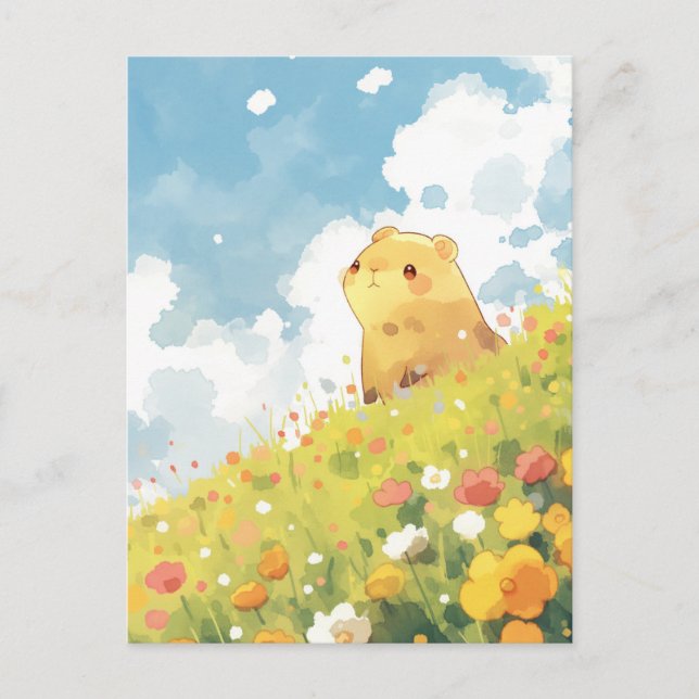 Cartão Postal Capivara em Encosta Ensolarada de Prado com Flores (Frente)