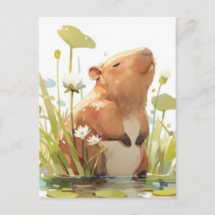 Cartão Postal Capivara em Pé em Lagoa com Nenúfar Branco
