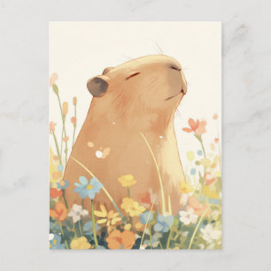 Cartão Postal Capivara em Prado Colorido de Flores Silvestres de