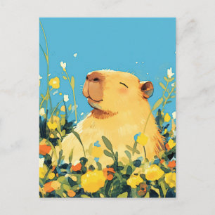 Cartão Postal Capivara em Prado de Verão com Flor Amarela Selvag