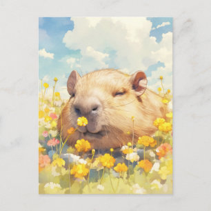 Cartão Postal Capivara em Prado Ensolarado de Flores Silvestres