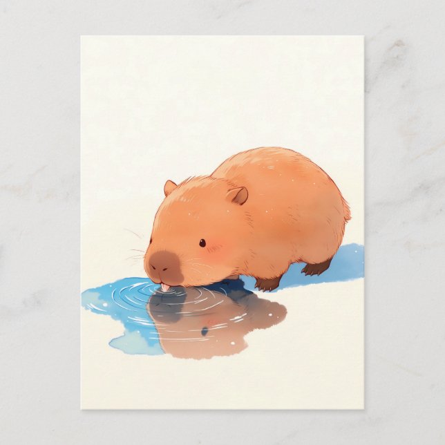 Cartão Postal Capivara Fofa Bebendo de uma Poça Azul (Frente)