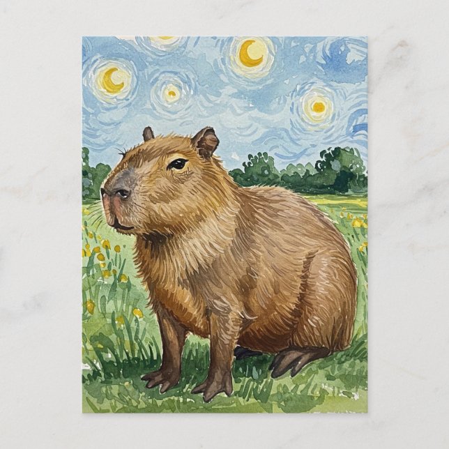 Cartão Postal Capivara Fofa Noite Estrelada van Go (Frente)
