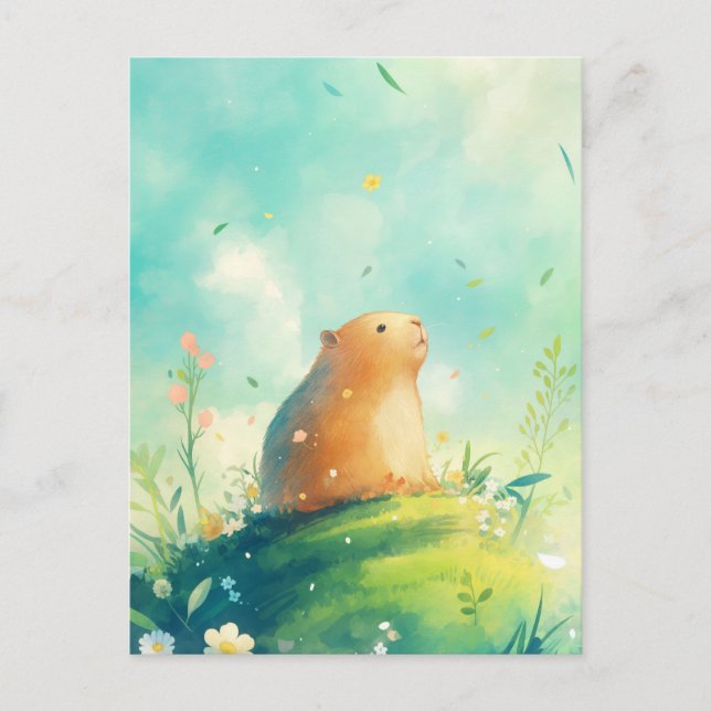 Cartão Postal Capivara na Colina com Pétalas e Folhas Caindo (Frente)
